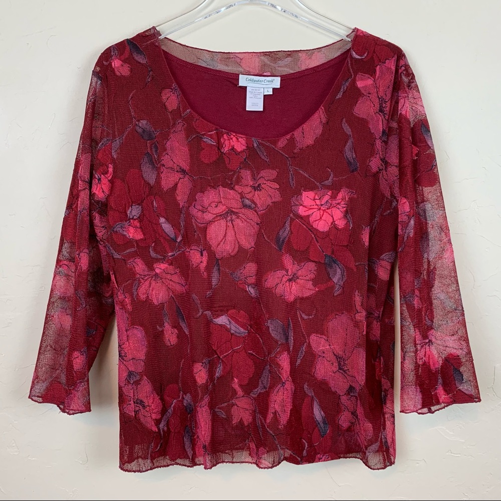COLDWATER CREEK Pink Cabernet Floral Sheer L
